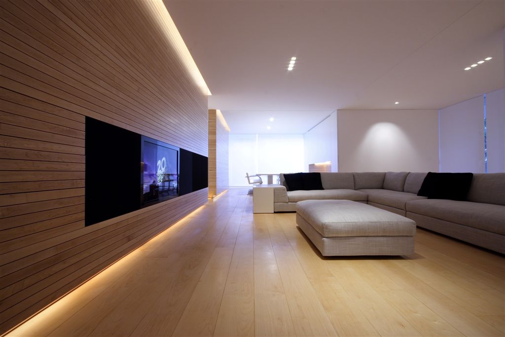 Living room featuring light hardwood flooring and darker wall paneling, with TV embedded in media strip. Living room featuring light hardwood flooring and darker wall paneling, with TV embedded in media strip.