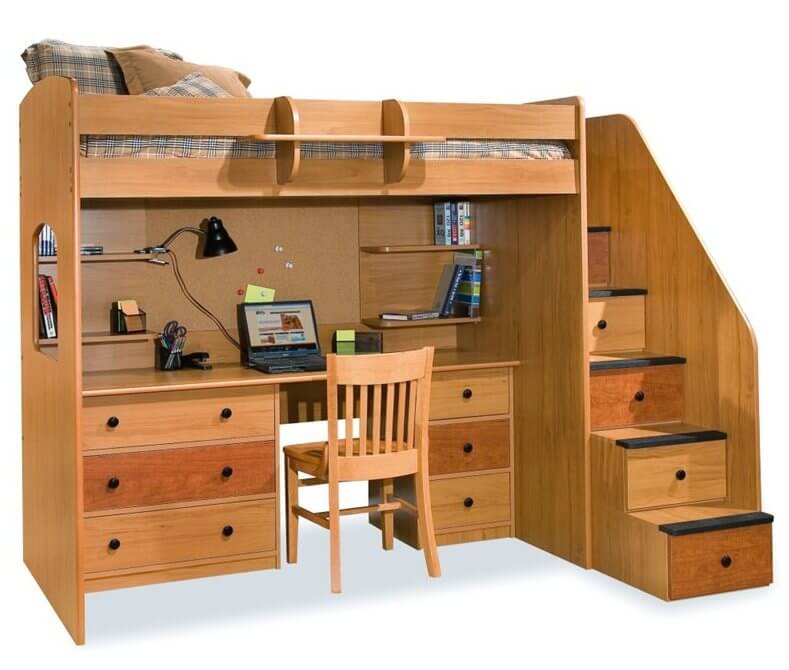 25 Awesome Bunk Beds With Desks (Perfect for Kids) - This elaborate setup centers on a large desk with abundant drawers flanking  the seating space,