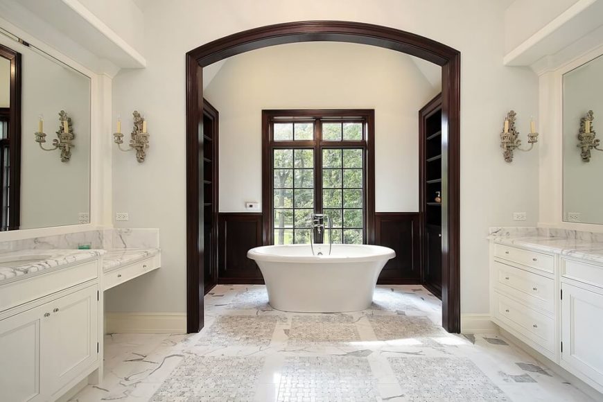 this bathroom has intricate marble and tile designs with accents of dark natural wood work - Bathroom Designs With Freestanding Tubs this bathroom has intricate marble and tile designs with accents of dark natural wood work - Bathroom Designs With Freestanding Tubs