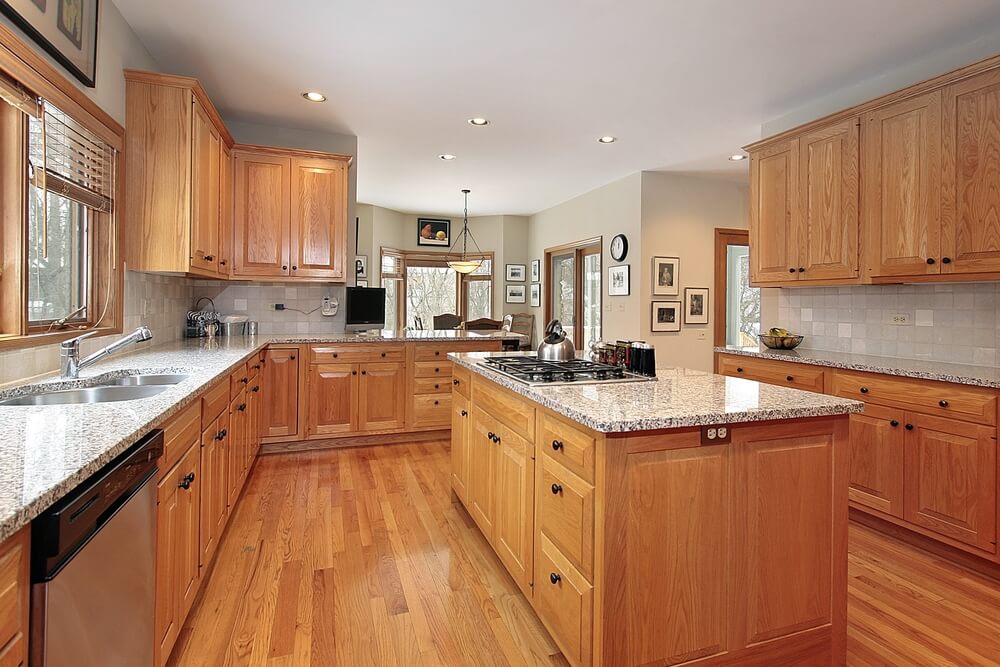 kitchen dark counters light wood