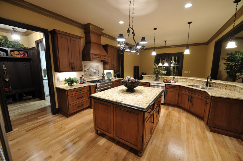 49 Contemporary High-End Natural Wood Kitchen Designs  Bright natural wood flooring supports rich darker cabinetry with light  mixed marble countertops in this open