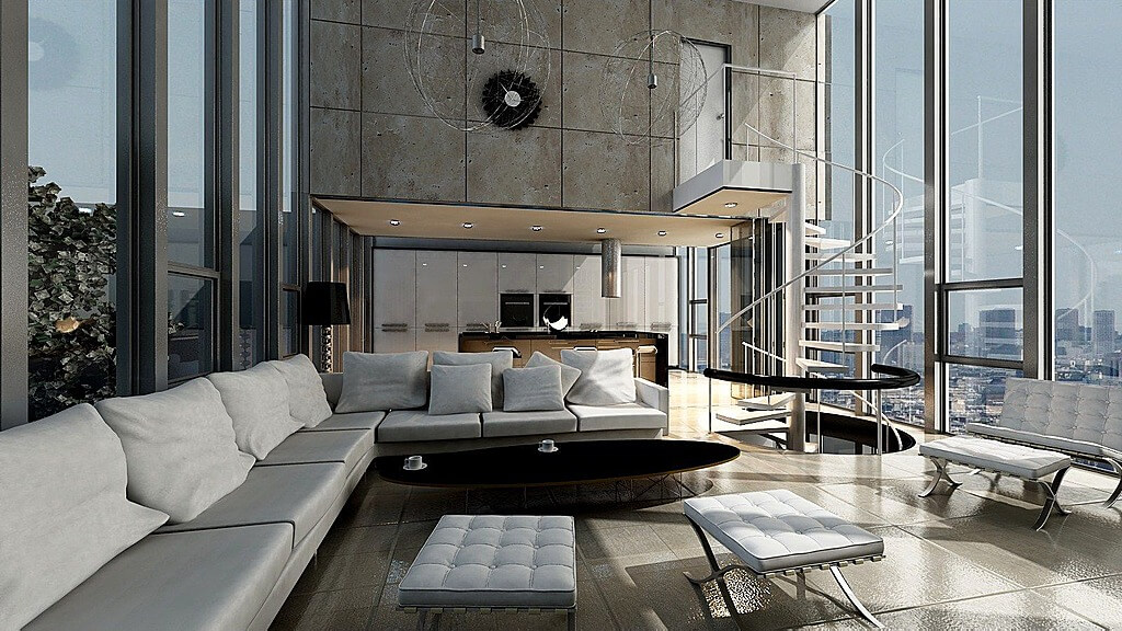 45 Contemporary Living Rooms with Sectional Sofas (Pictures)  Unique ultra-modern living room design features floor to ceiling glass  external walls, metal