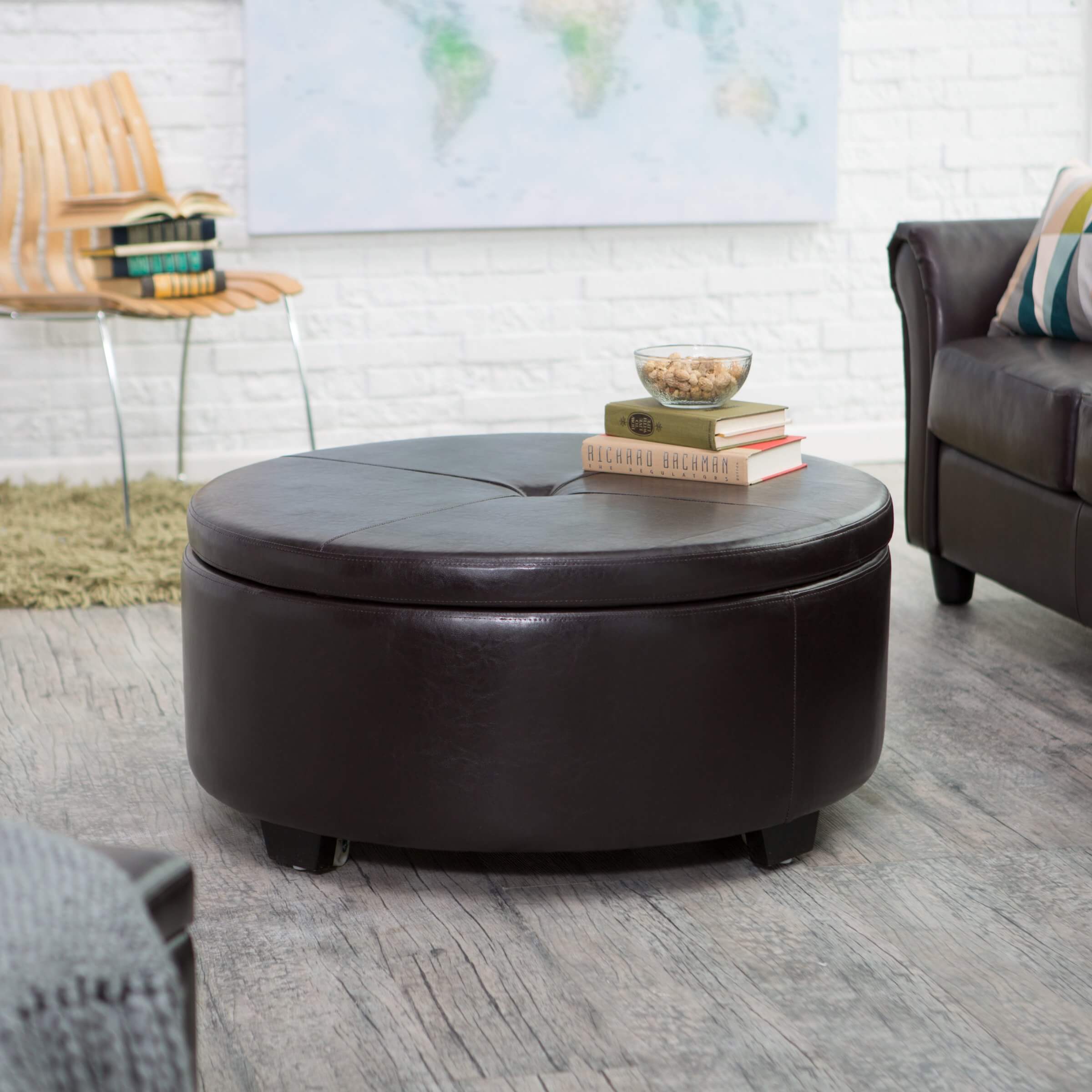 Round Tufted Storage Ottoman Coffee Table - Round upholstered ottoman coffee table - ChoozOne / Navy blue foldable storage bench/footrest/coffee table ottoman.