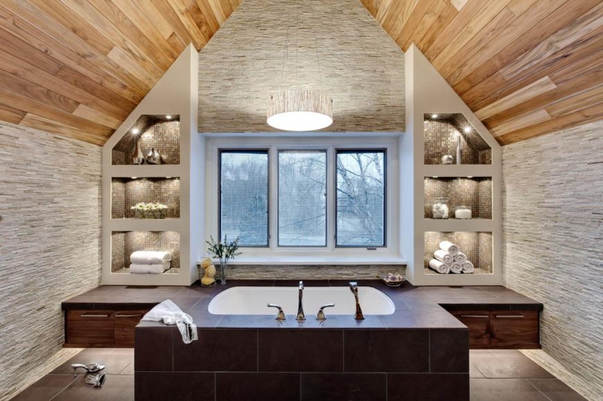Striking Natural Wood Arched Ceiling Hangs Over This Both Bathroom Featuring Sunken Tub In Striking Natural Wood Arched Ceiling Hangs Over This Both Bathroom Featuring Sunken Tub In
