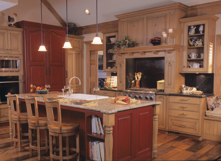 Rustic Kitchen with Red and Tan Wood Color Scheme by Drury Design