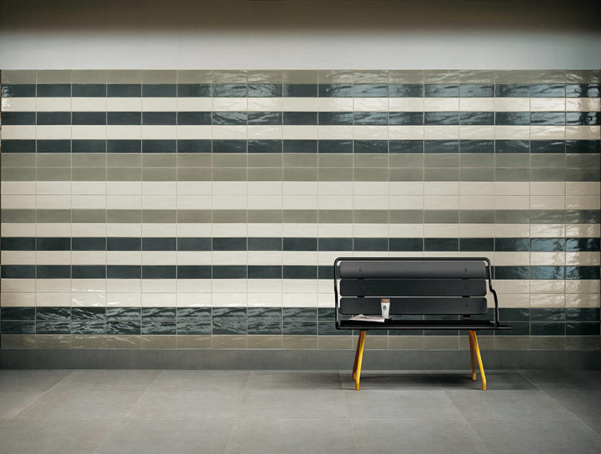 The easy-to-clean subway tiles in this metro station are in stripes of taupe, black, and white. The tiles add a bit of flair and style, but are still easily taken care of and are not damaged easily. Perfect for a public place. The easy-to-clean subway tiles in this metro station are in stripes of taupe, black, and white. The tiles add a bit of flair and style, but are still easily taken care of and are not damaged easily. Perfect for a public place.