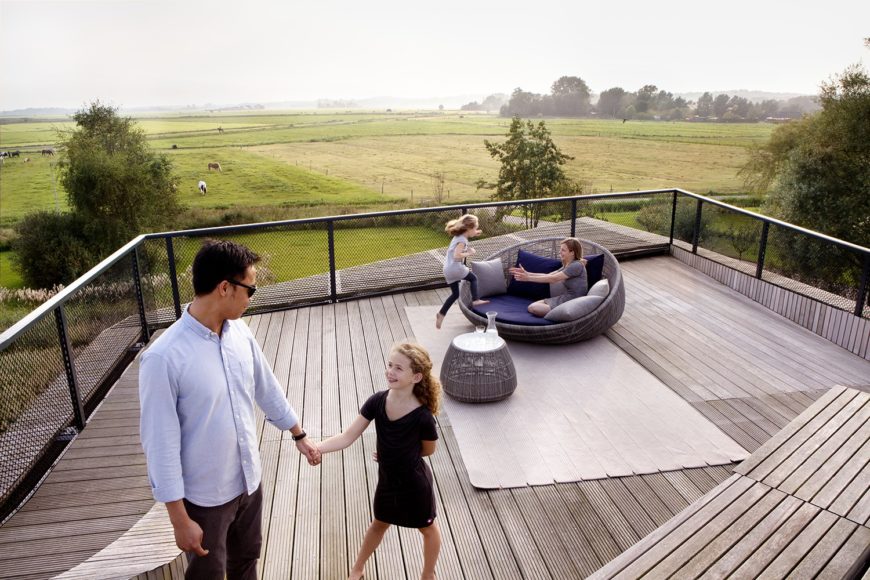 and wings end in large glass double doors back to the interior