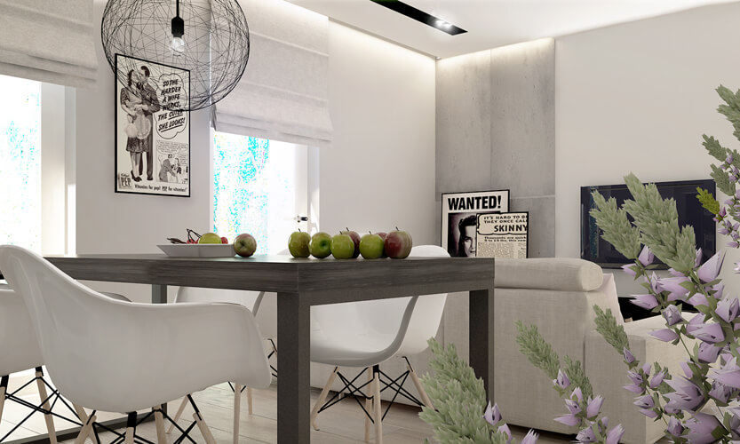 One of the more interesting details seen in the main open-plan room are the old-timey newspaper clippings and posters scattered throughout, lending a kitschy, vintage charm to the space. The contemporary curved plastic dining chairs are seen planted over natural wood and metal frames in the foreground. One of the more interesting details seen in the main open-plan room are the old-timey newspaper clippings and posters scattered throughout, lending a kitschy, vintage charm to the space. The contemporary curved plastic dining chairs are seen planted over natural wood and metal frames in the foreground.