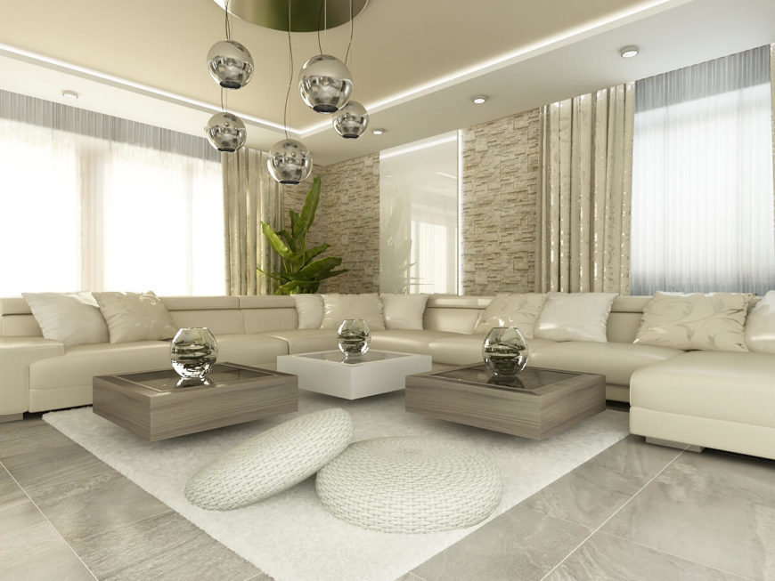 The living room features this gorgeous wrap-around couch in cream leather, gray marble floors and a beautiful stone facade on the walls. The metallic touches found in the lights and curtains add extra class while the low setting of the couch is mimicked in the coffee tables. The use of bold textures, found in the plush carpet and round floor pillows, offset the sleek feeling of the rest of the room. The living room features this gorgeous wrap-around couch in cream leather, gray marble floors and a beautiful stone facade on the walls. The metallic touches found in the lights and curtains add extra class while the low setting of the couch is mimicked in the coffee tables. The use of bold textures, found in the plush carpet and round floor pillows, offset the sleek feeling of the rest of the room.