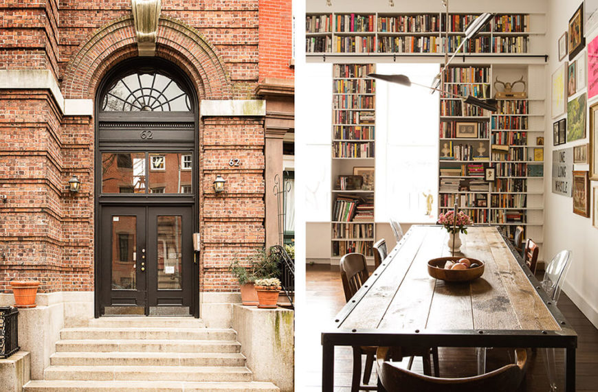 To the left, we see the front entry of the building, with classically ornate brick work and large windows over the door. To the right, we see a closer look at the dining table in the large open plan room at the center of the home. To the left, we see the front entry of the building, with classically ornate brick work and large windows over the door. To the right, we see a closer look at the dining table in the large open plan room at the center of the home.