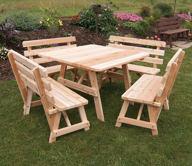 This square picnic table has benches of the same size on all sides. This can help the meal to not feel lopsided. Sometimes it can be difficult to converse with everyone at the table if they are all on the same side of the table.