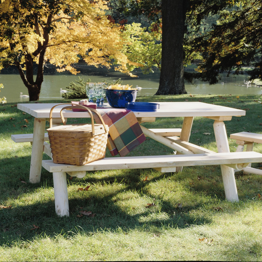 This is what many people envision when they think of picnic tables. This is a high quality picnic table with a thick and sturdy structure. With care, a table of this quality can last you for a very long time.