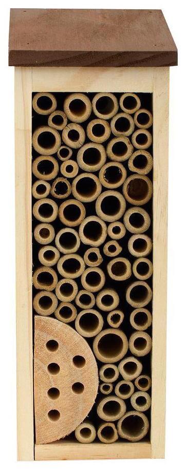 This high rise bee house is designed to fit up against a tree or beneath an overhang in a slim, unobtrusive way. The various sized holes are perfect for valuable bees to live in, and the sloped roof ensures that it's free of water damage. This high rise bee house is designed to fit up against a tree or beneath an overhang in a slim, unobtrusive way. The various sized holes are perfect for valuable bees to live in, and the sloped roof ensures that it's free of water damage.